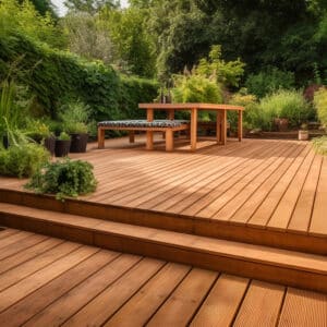 Spacieuse terrasse en bois à deux niveaux avec table et bancs, entourée de verdure luxuriante et de plantes en pots dans un jardin ensoleillé.