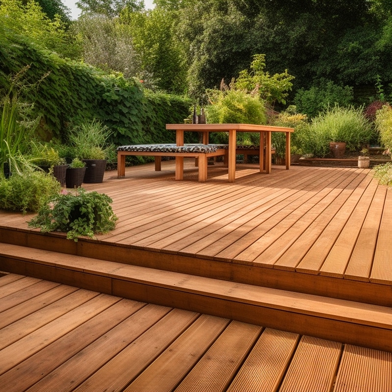 Spacieuse terrasse en bois à deux niveaux avec table et bancs, entourée de verdure luxuriante et de plantes en pots dans un jardin ensoleillé.